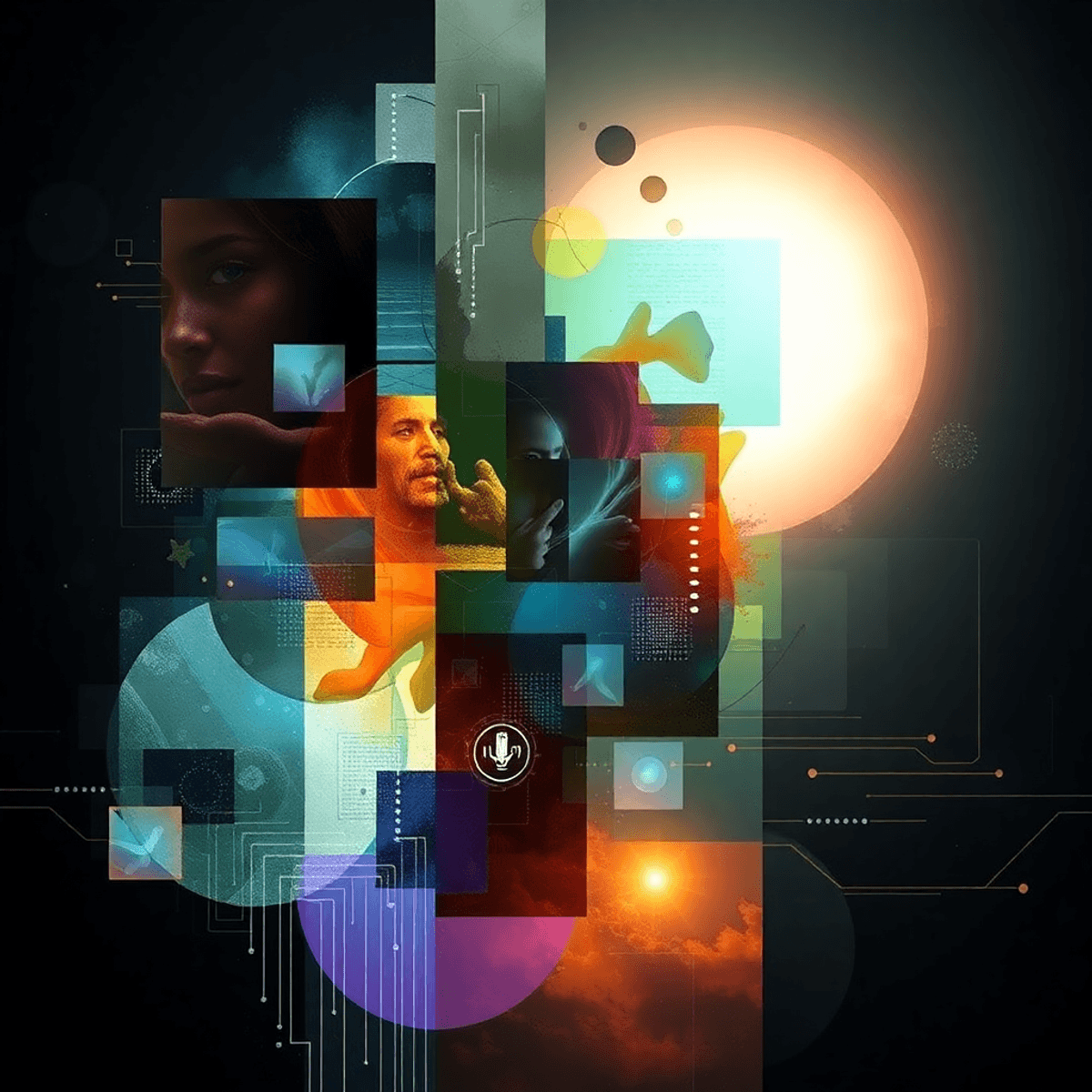 Digital collage of abstract shapes, glowing lights, pixel patterns, and circuit lines on a dark background symbolizing memory and emotion.