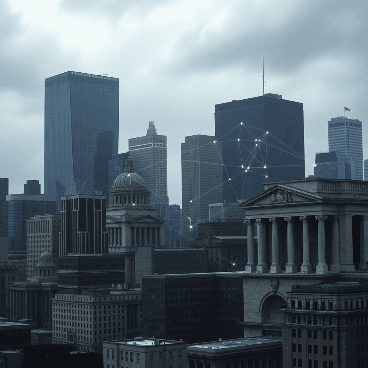 Dramatic cityscape blending modern skyscrapers and classical buildings with glowing digital lines weaving through, in a muted color palette with st...