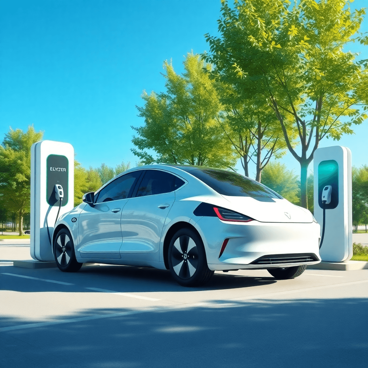 Electric car charging at a modern station amid green trees under a clear blue sky, bathed in soft sunlight, symbolizing eco-friendly transportation.