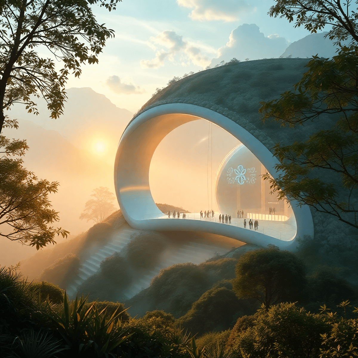 Futuristic building blending into lush landscape with soft light, glowing organic shapes, and abstract patterns symbolizing harmony and sustainabil...