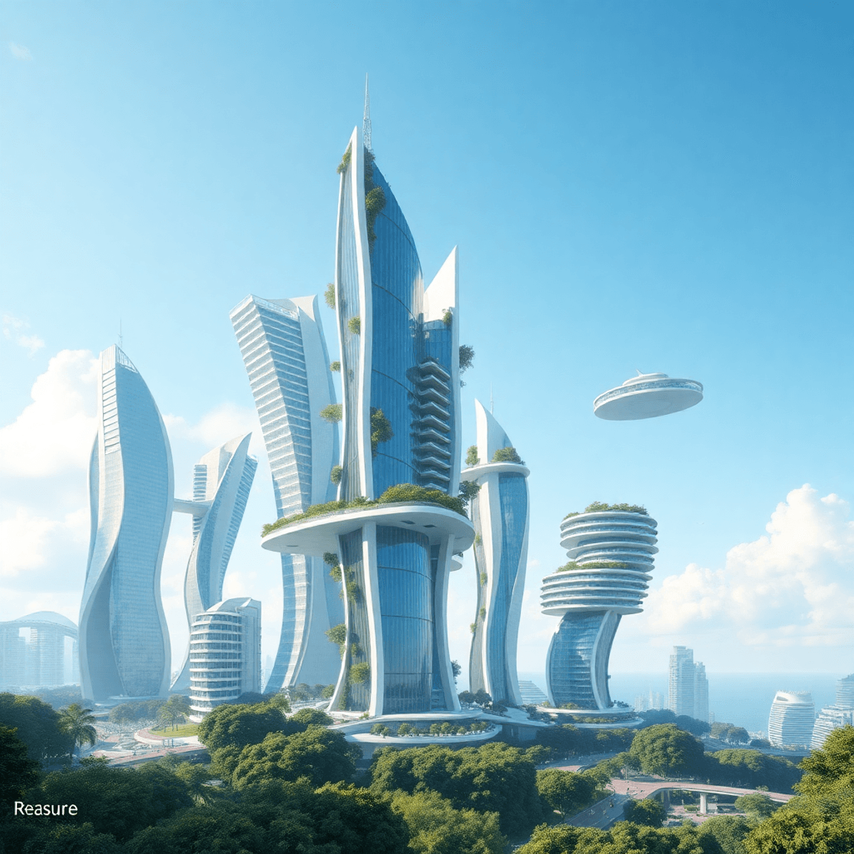 Futuristic city with twisting, floating buildings surrounded by lush greenery under a clear sky, showcasing innovative architecture blending with n...