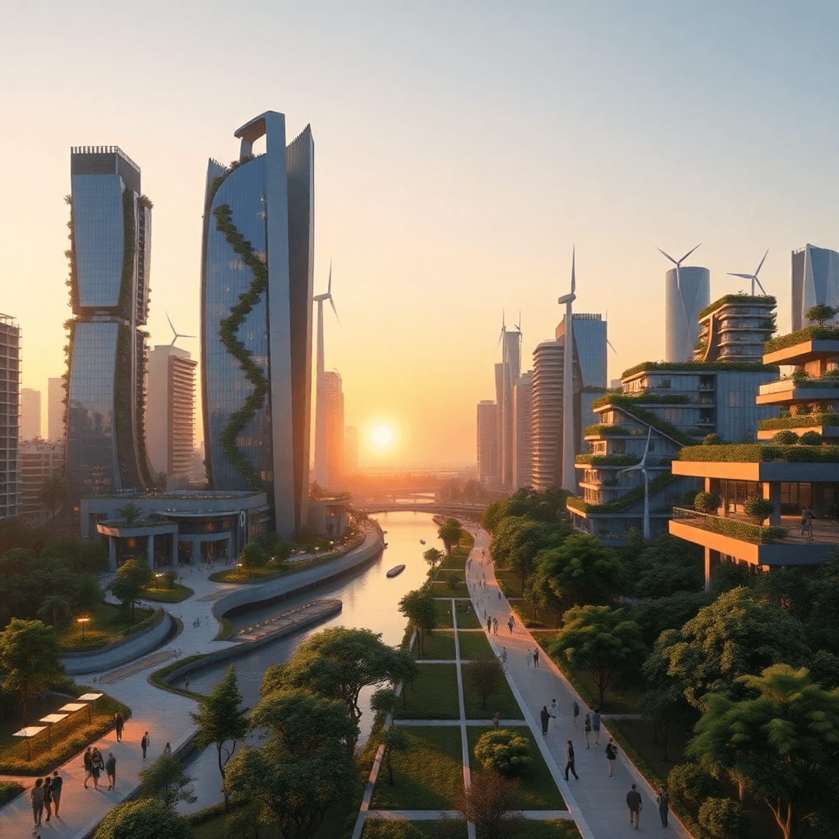 Futuristic cityscape at sunset with eco-friendly skyscrapers, green rooftops, rivers, trees, solar panels, wind turbines, and people enjoying natur...