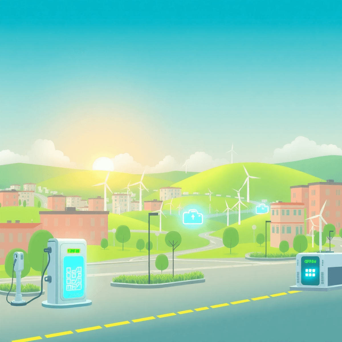 Futuristic cityscape with electric vehicle charging stations, glowing battery icons, green hills, and wind turbines under a bright sky symbolizing ...