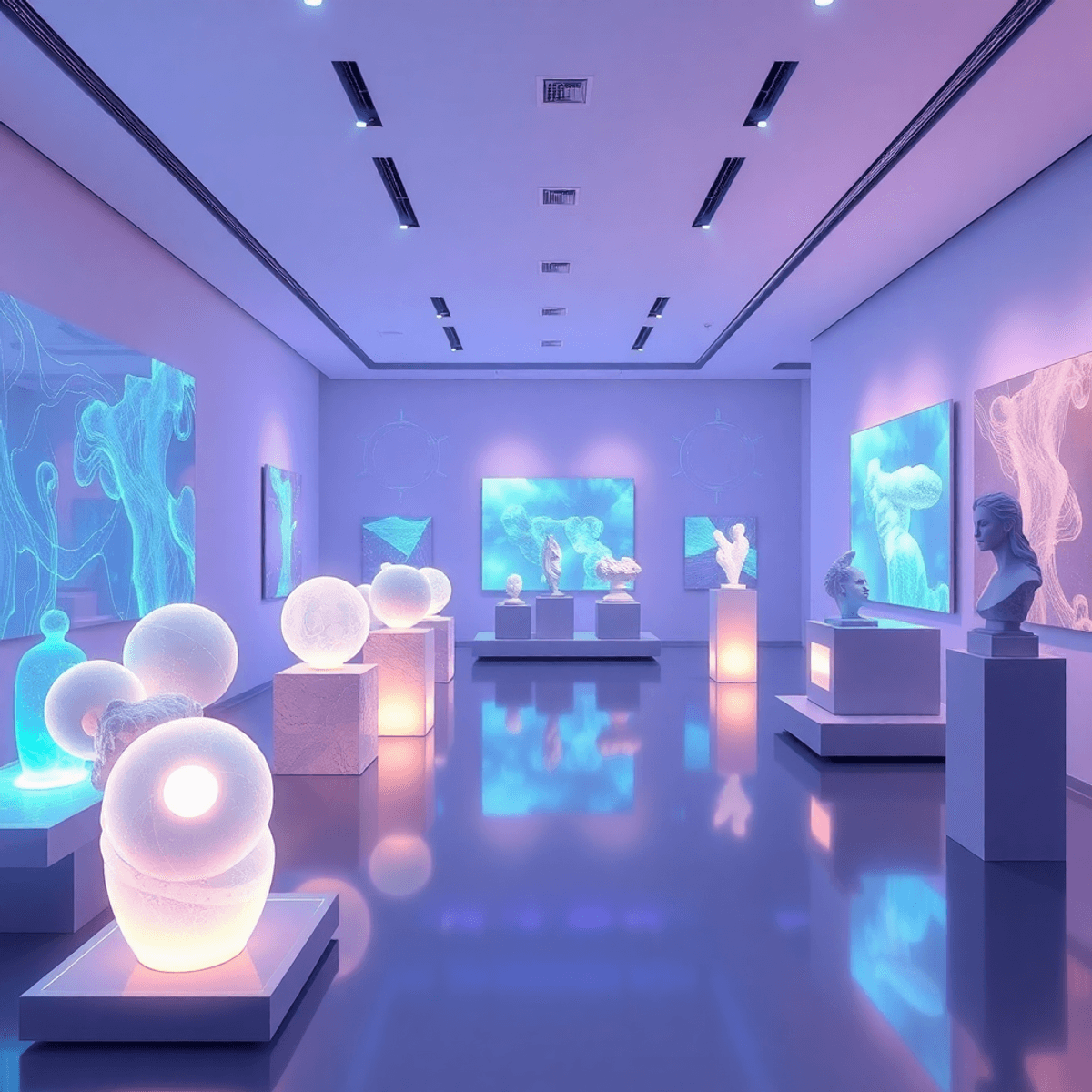 Futuristic digital art gallery with glowing abstract sculptures and holographic displays in soft blue and purple tones, blending technology and tra...