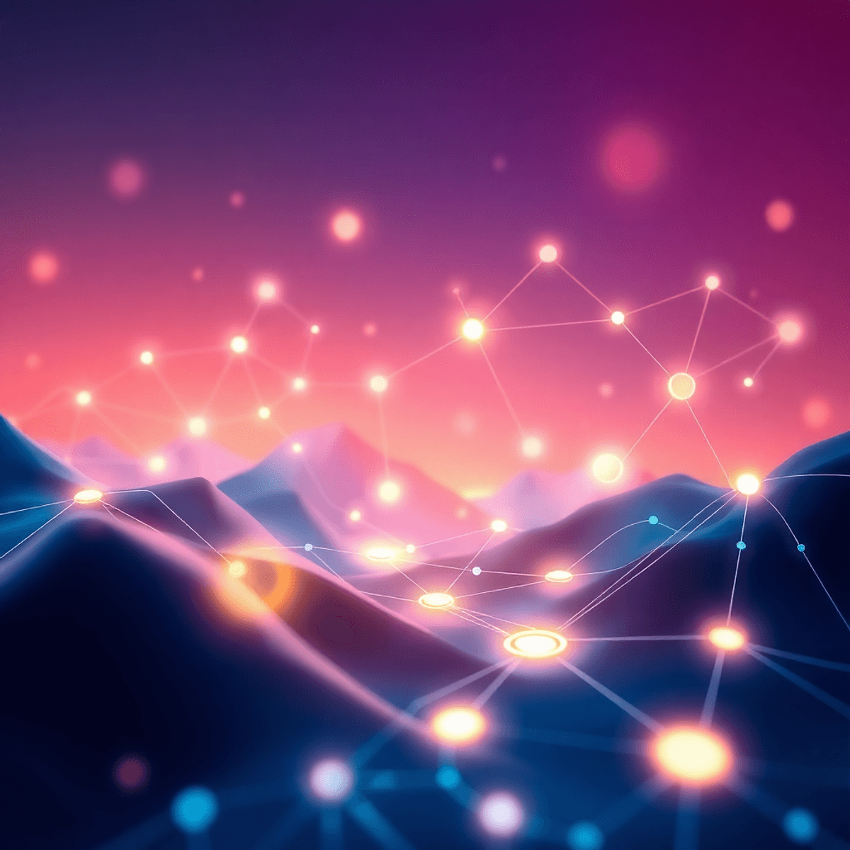 Futuristic digital landscape with glowing network nodes, interconnected lines, and social media icons on a vibrant gradient background symbolizing ...
