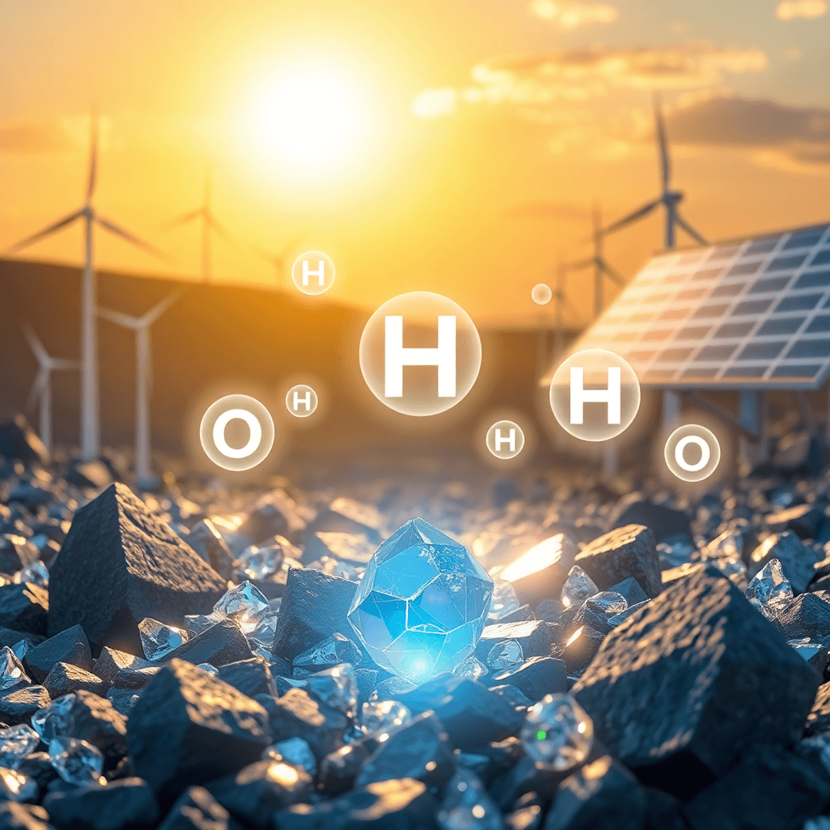 Futuristic illustration of glowing hydrogen molecules above shimmering minerals with abstract wind turbines and solar panels under a bright sky.