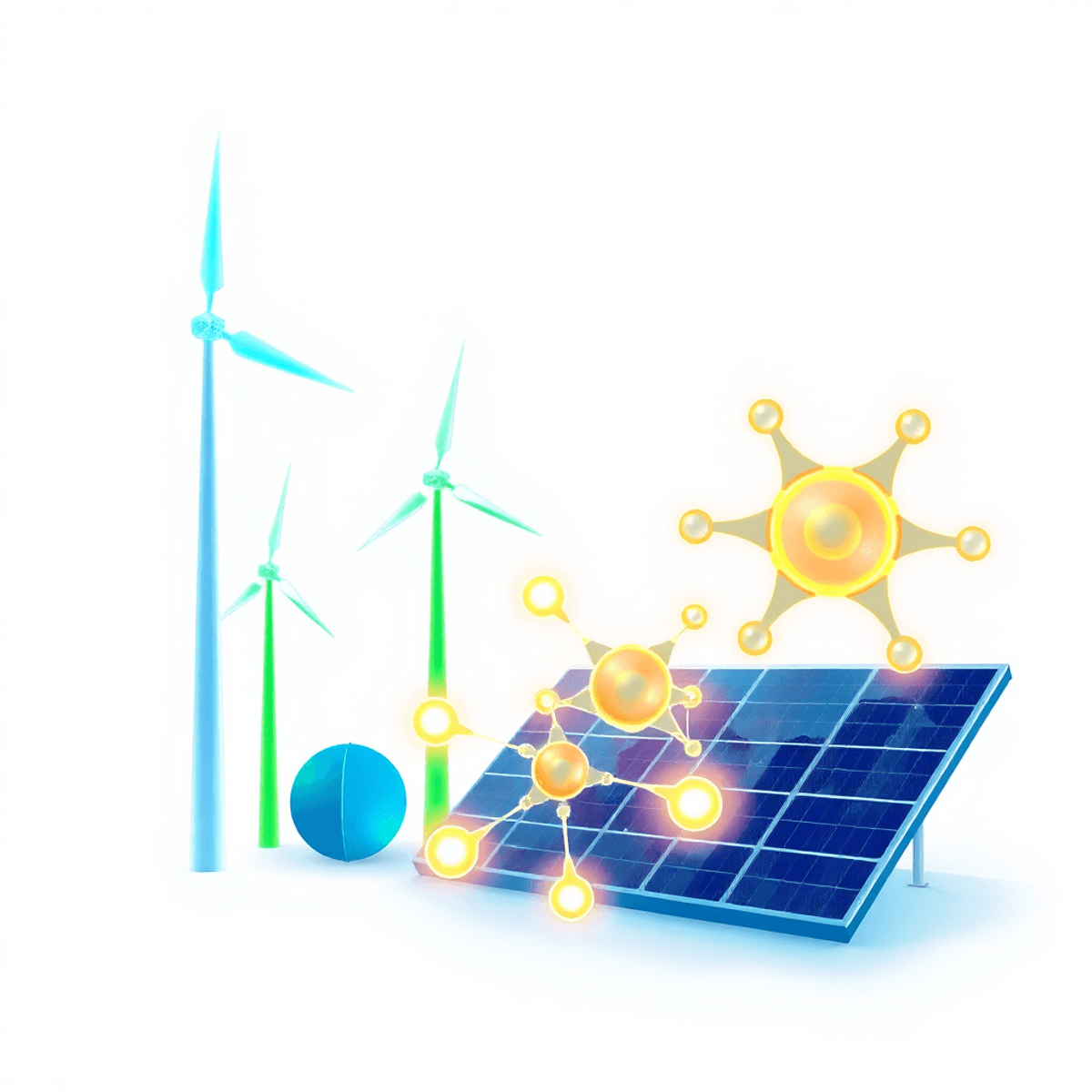 Futuristic illustration of glowing wind turbines, solar panels, and metallic molecular structures on a bright background symbolizing renewable ener...