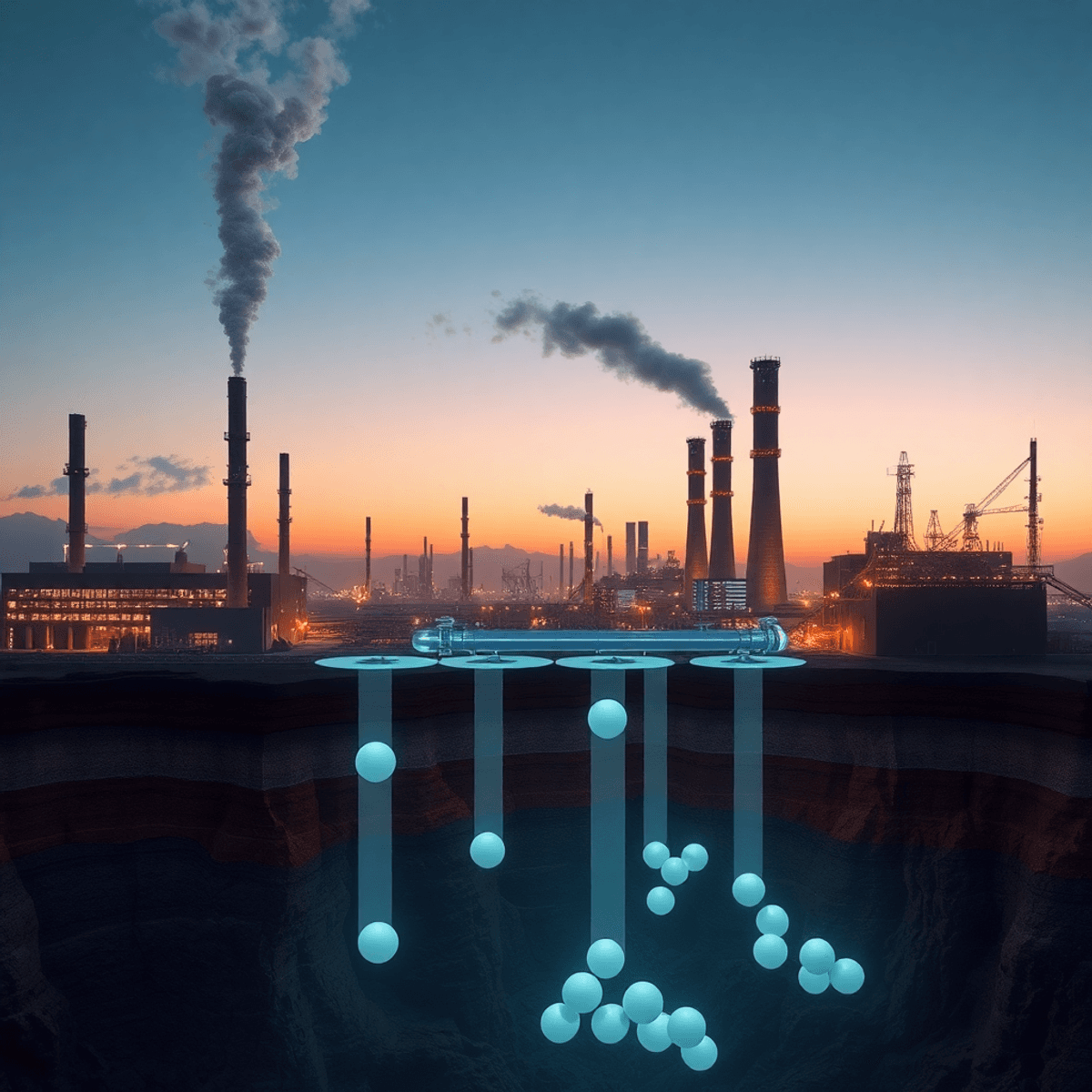 Futuristic industrial landscape at dusk with factories capturing carbon emissions, underground storage visible, and glowing elements symbolizing cl...