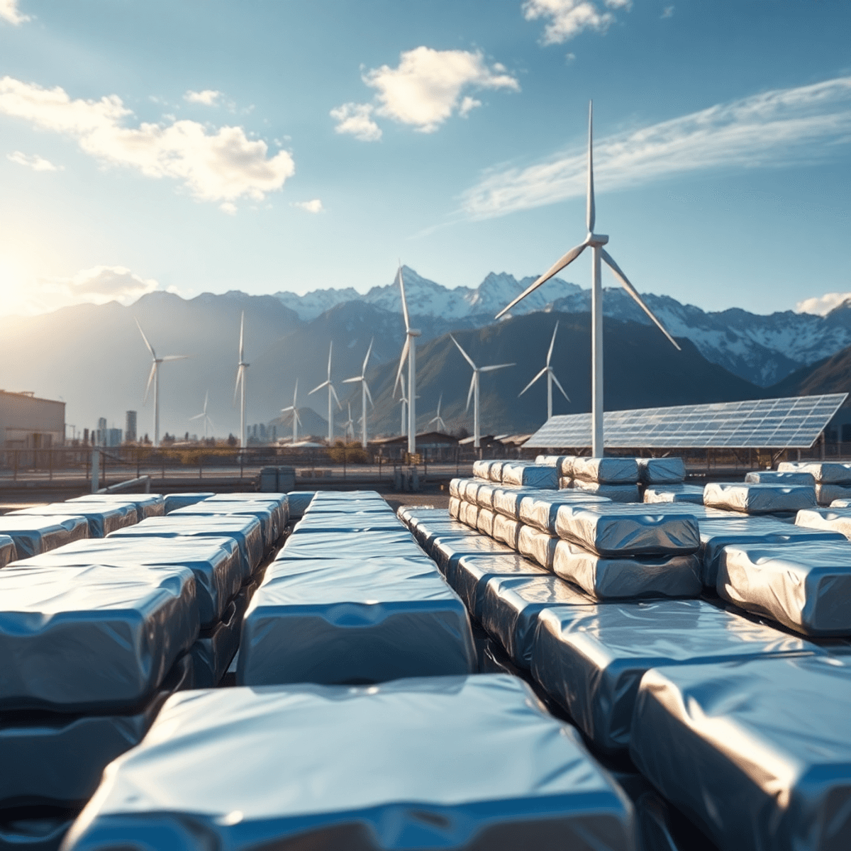 Futuristic industrial scene with shiny aluminum ingots, Swiss Alps backdrop, wind turbines, and solar panels highlighting sustainability and innova...