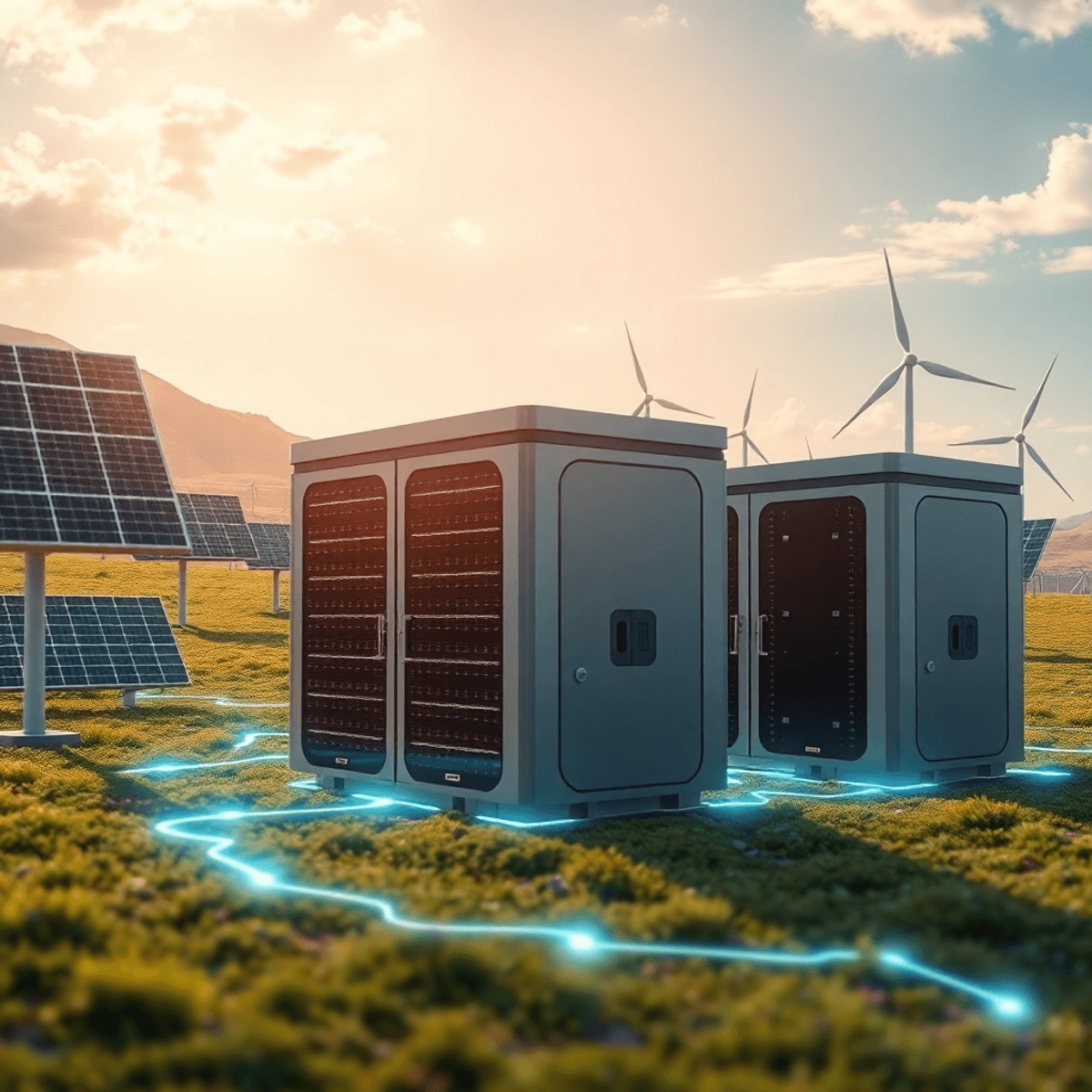 Futuristic landscape with large battery units, solar panels, and wind turbines under a bright sky, connected by glowing energy flows symbolizing cl...