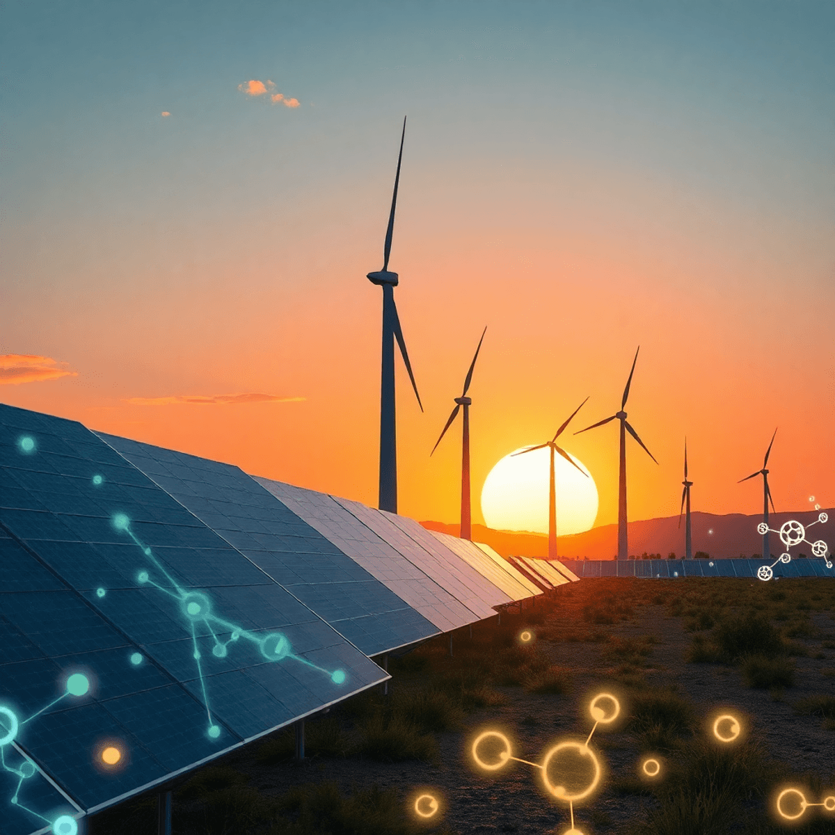 Futuristic landscape with sleek solar panels, tall wind turbines, and glowing atomic structures at sunrise symbolizing clean energy and advanced ma...
