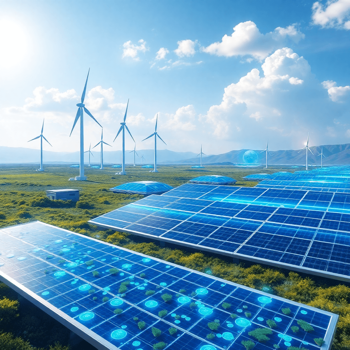 Futuristic landscape with sleek wind turbines, glowing blue solar panels, floating algae farms, and abstract lights symbolizing clean energy and in...