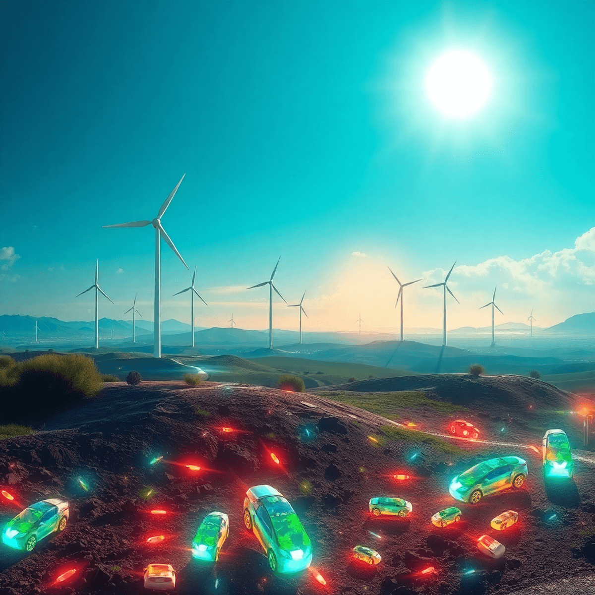 Futuristic landscape with wind turbines and electric vehicles powered by glowing crystals, symbolizing clean energy and advanced green technology u...