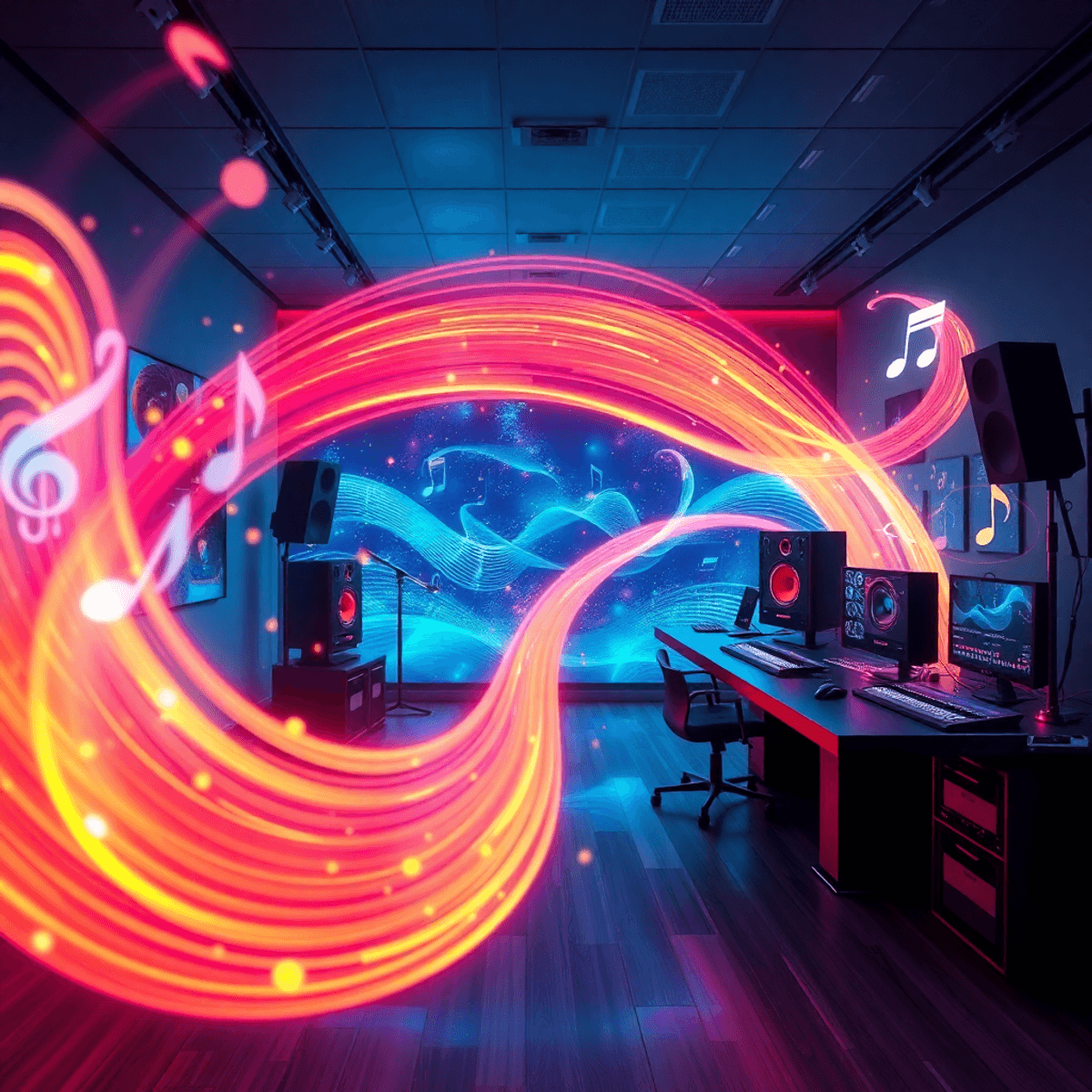 Futuristic music studio with glowing sound waves and digital notes swirling, vibrant colors blending creativity and technology, realistic style.