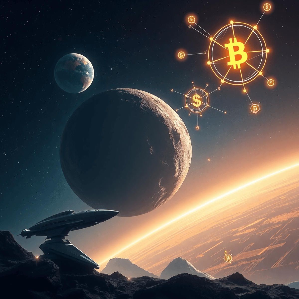 Futuristic space scene with a mineral-rich asteroid, sleek spacecraft, robotic mining, and glowing digital cryptocurrency networks against a starry...