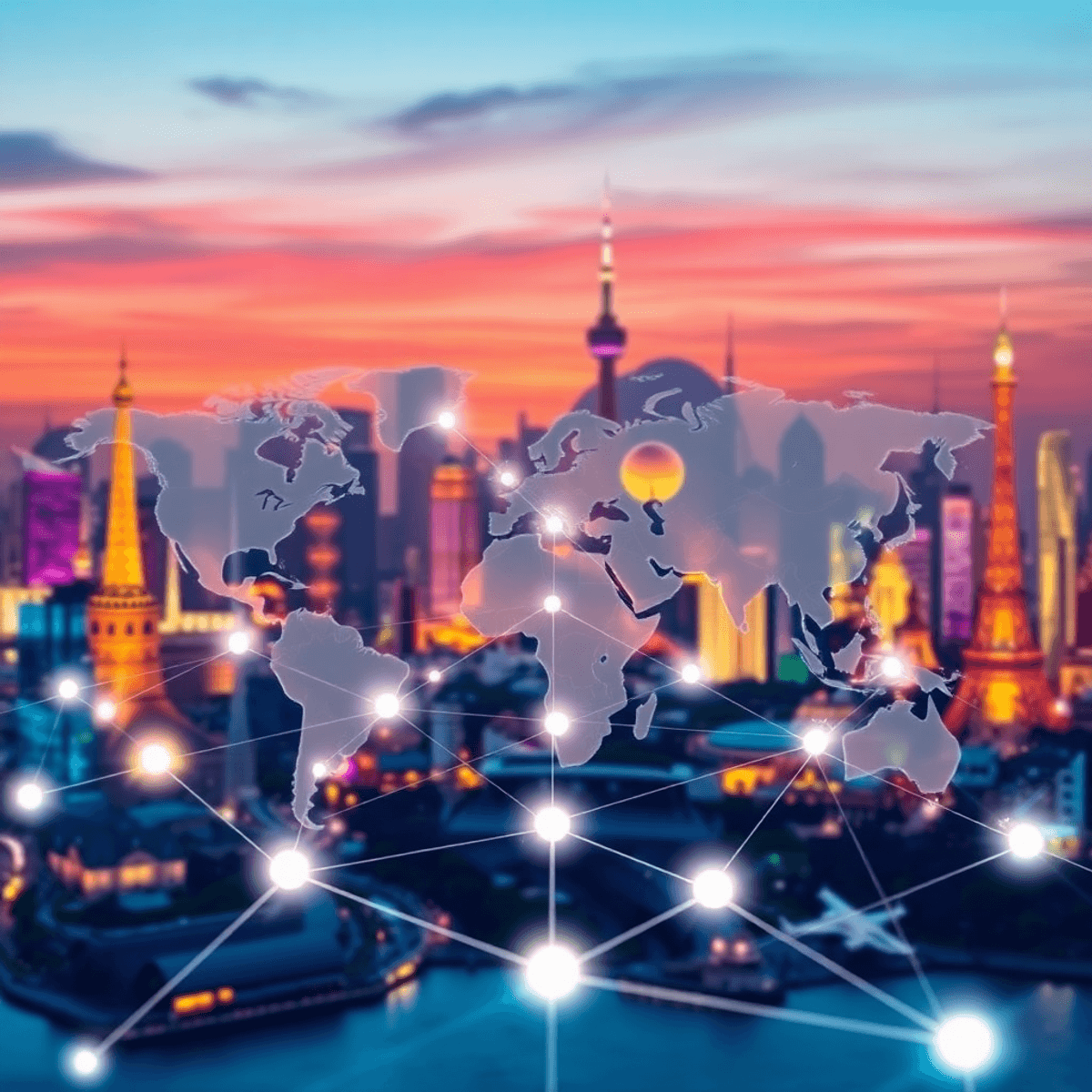 Futuristic travel scene with iconic landmarks blended in the background and a glowing digital map overlay showing routes and location markers.