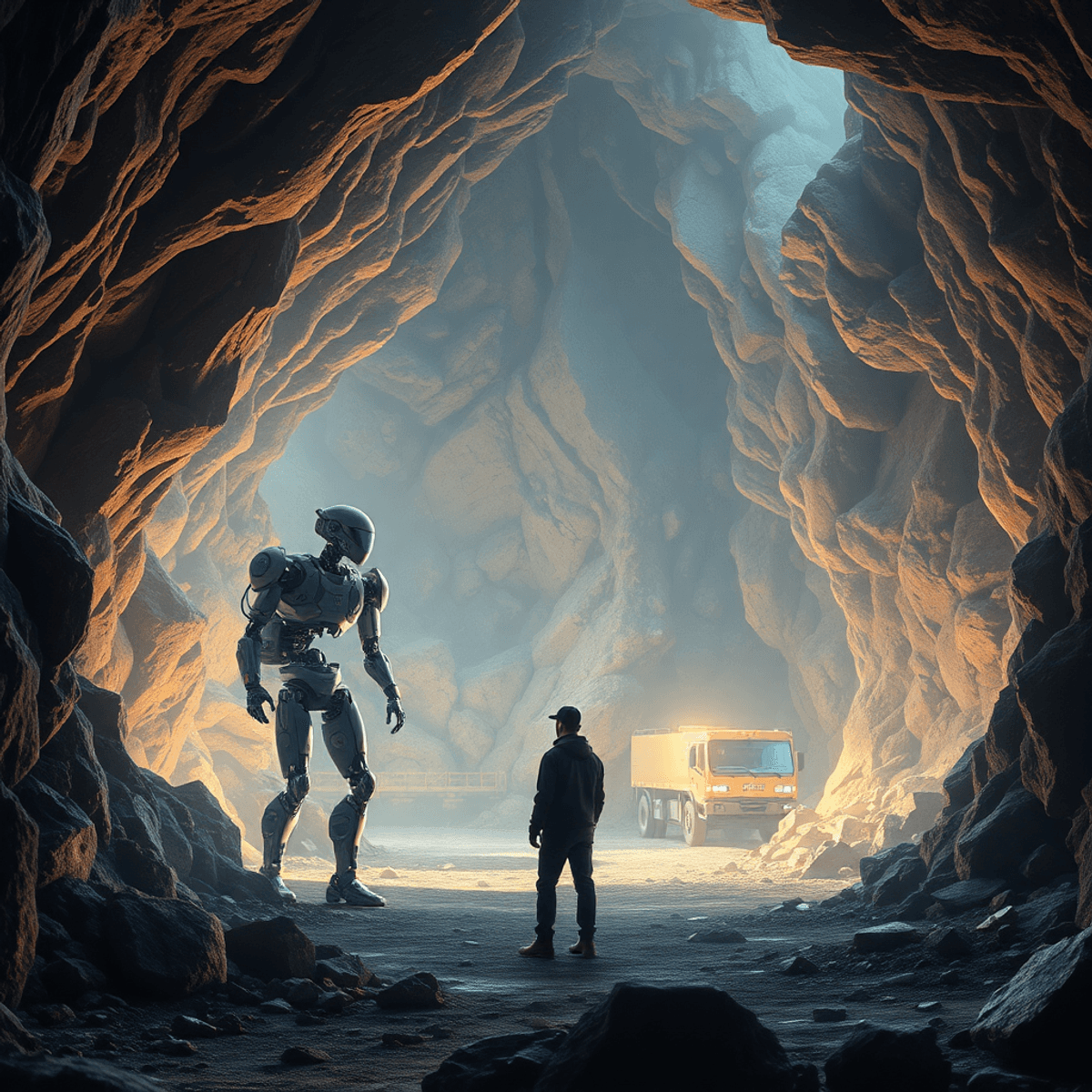 Futuristic underground mine with advanced robots and engineers working in a mineral-rich cavern lit by soft ambient lights highlighting high-tech e...