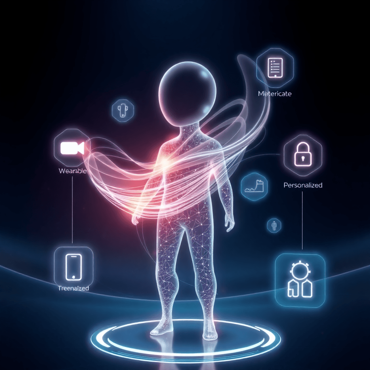 Glowing abstract humanoid figure made of light and data streams, surrounded by holographic icons on a sleek dark background symbolizing advanced di...