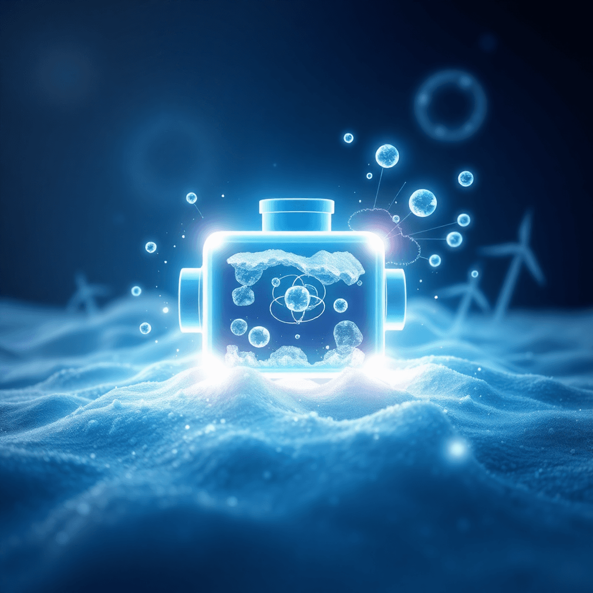 Glowing futuristic battery icon made of energy particles and spheres, surrounded by blue and white hues with sun rays and wind swirls in a realisti...