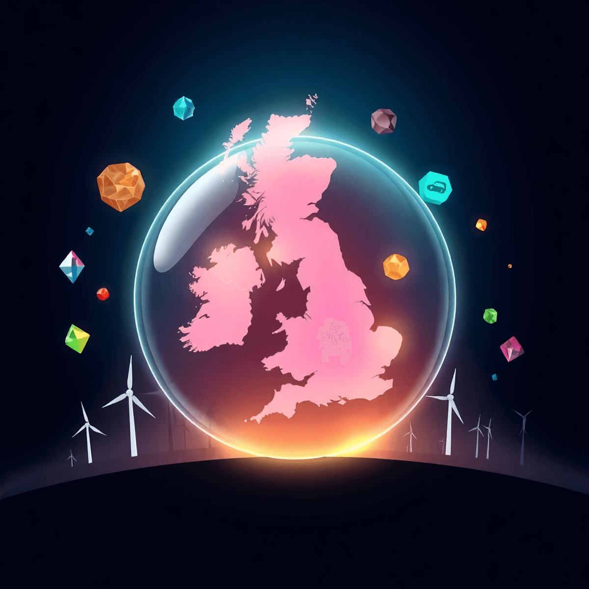Glowing globe highlighting the UK with colorful mineral crystals and subtle wind turbines and electric vehicle silhouettes in a realistic, modern s...
