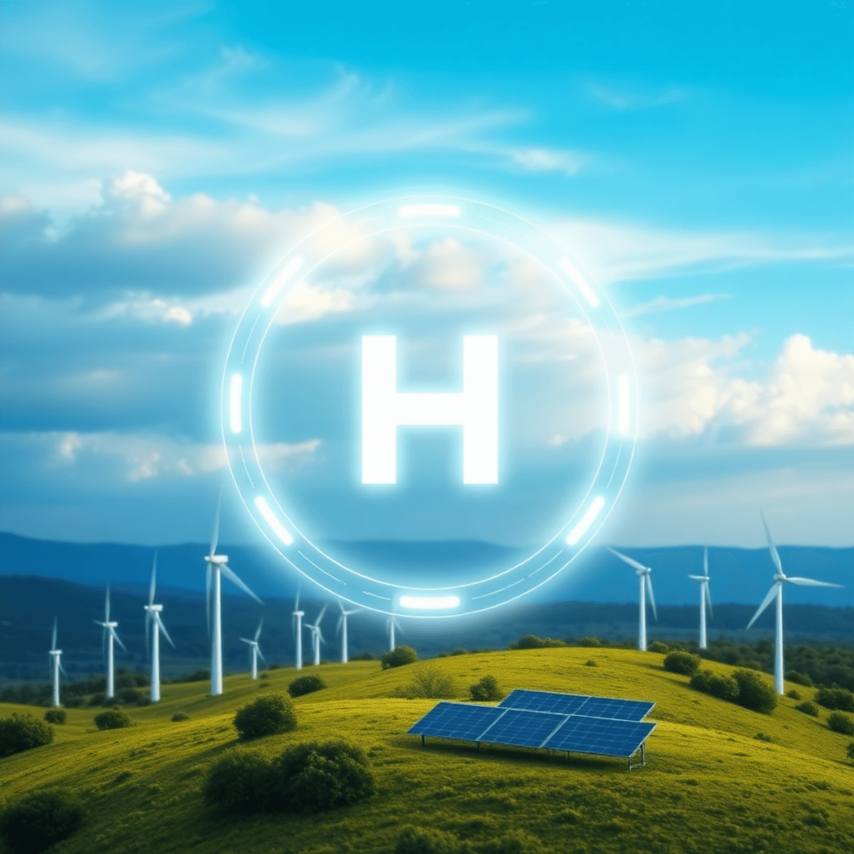 Glowing hydrogen molecule symbol floating above green landscape with wind turbines and solar panels under bright blue sky.