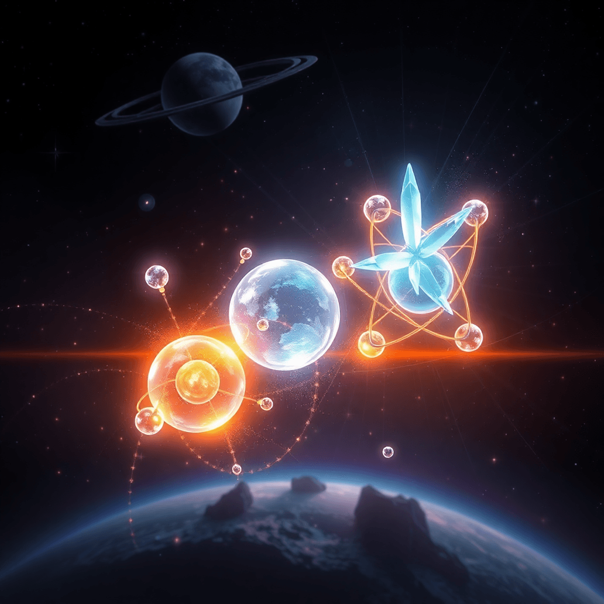 Glowing lithium and beryllium atoms with cosmic background and subtle electric vehicle and aerospace shapes symbolizing innovation.