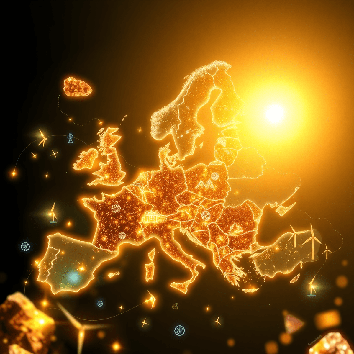 Glowing map of Europe with shining minerals, metallic ores, wind turbines, and solar panels connected by glowing lines, set against a bright sunris...