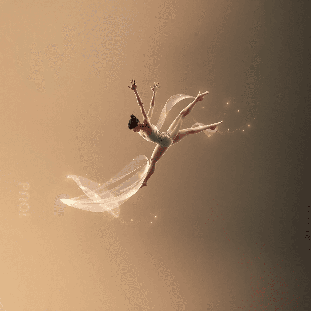 Gymnast mid-air performing a graceful leap surrounded by flowing abstract shapes and light trails on a subtle gradient background.