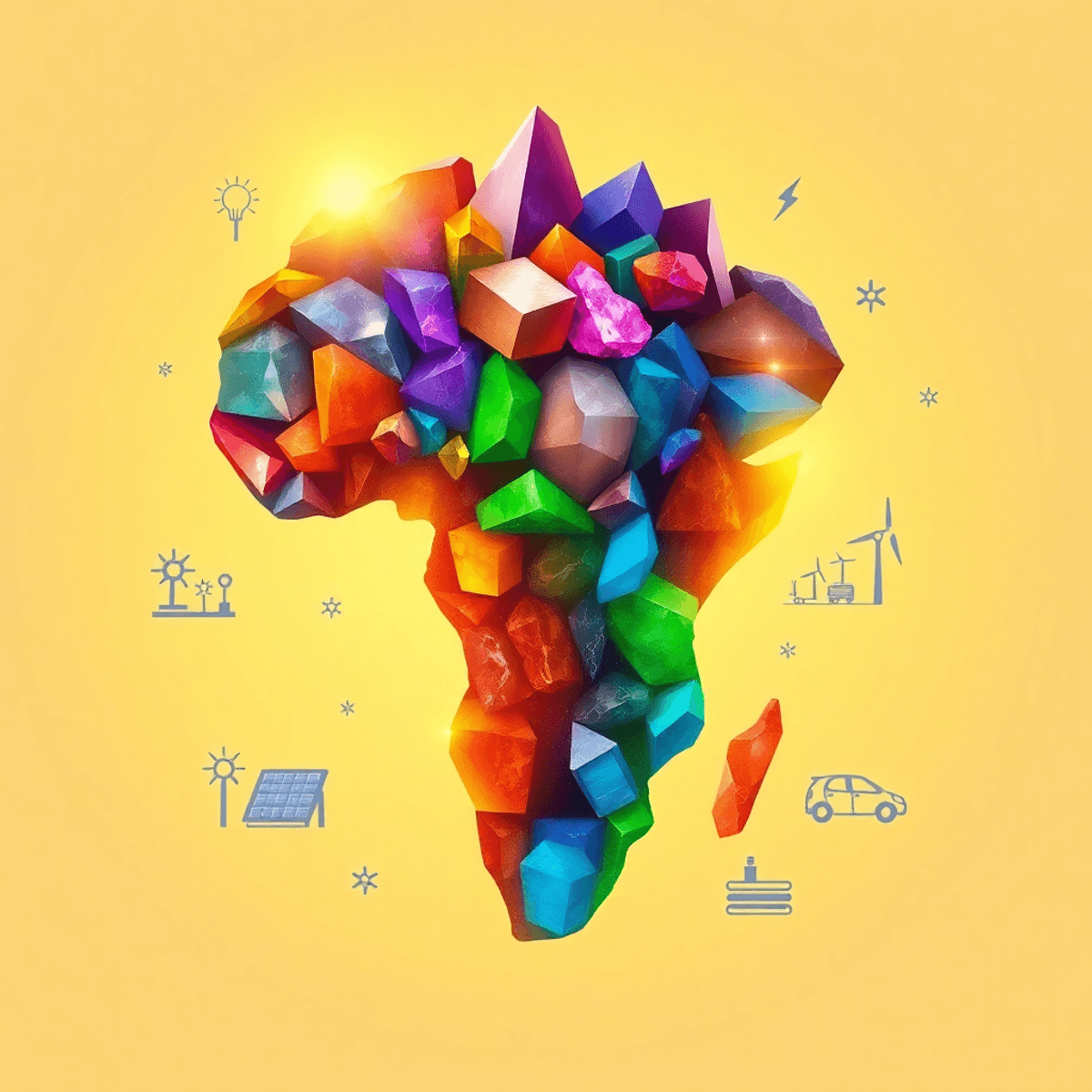 Illustration of Africa formed by glowing colorful crystals and gemstones, surrounded by icons of solar panels and electric vehicles on a bright, op...