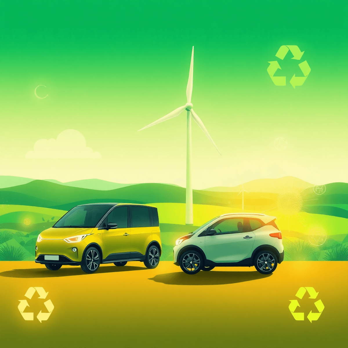 Illustration of a wind turbine and electric vehicle in a green landscape with glowing abstract elements and recycling icons, highlighting eco-frien...