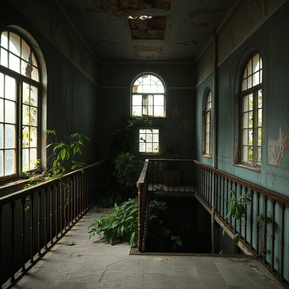 Interior of an abandoned building with peeling paint, rusted railings, cracked tiles, and overgrown plants bathed in soft natural light through bro...