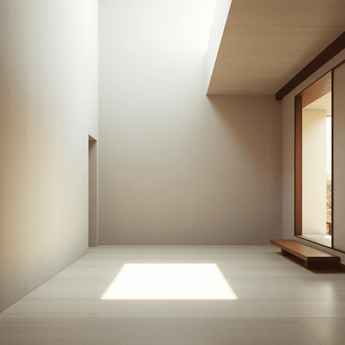 Minimalist interior with soft natural light, subtle textures, and Japanese-inspired design, creating a calm and contemplative atmosphere.
