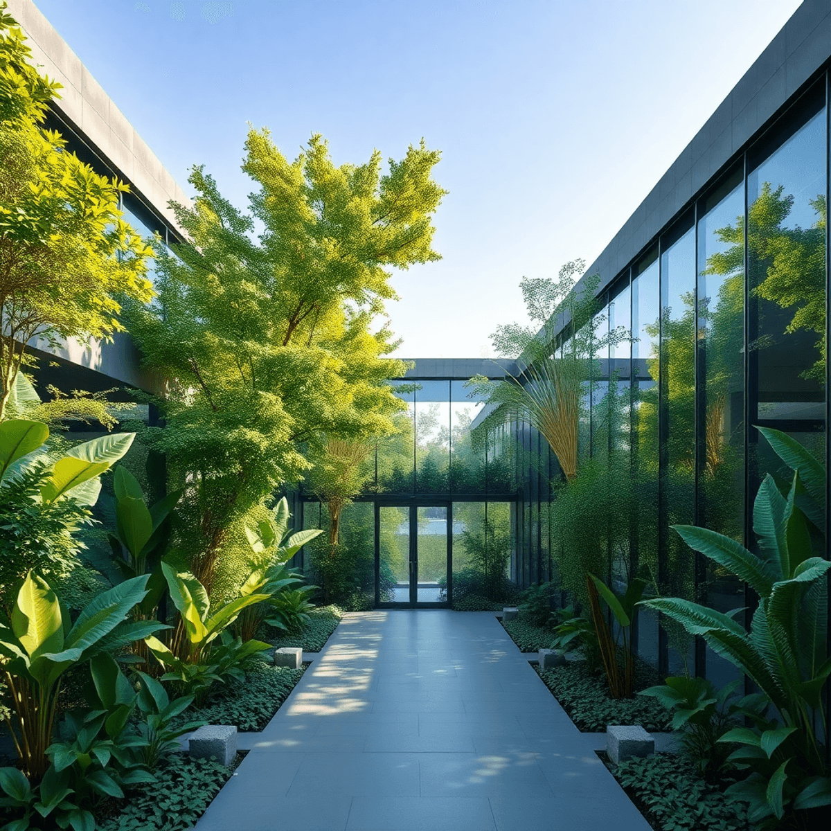 Modern building with large glass walls surrounded by lush greenery and trees, bathed in natural sunlight, blending architecture and nature harmonio...