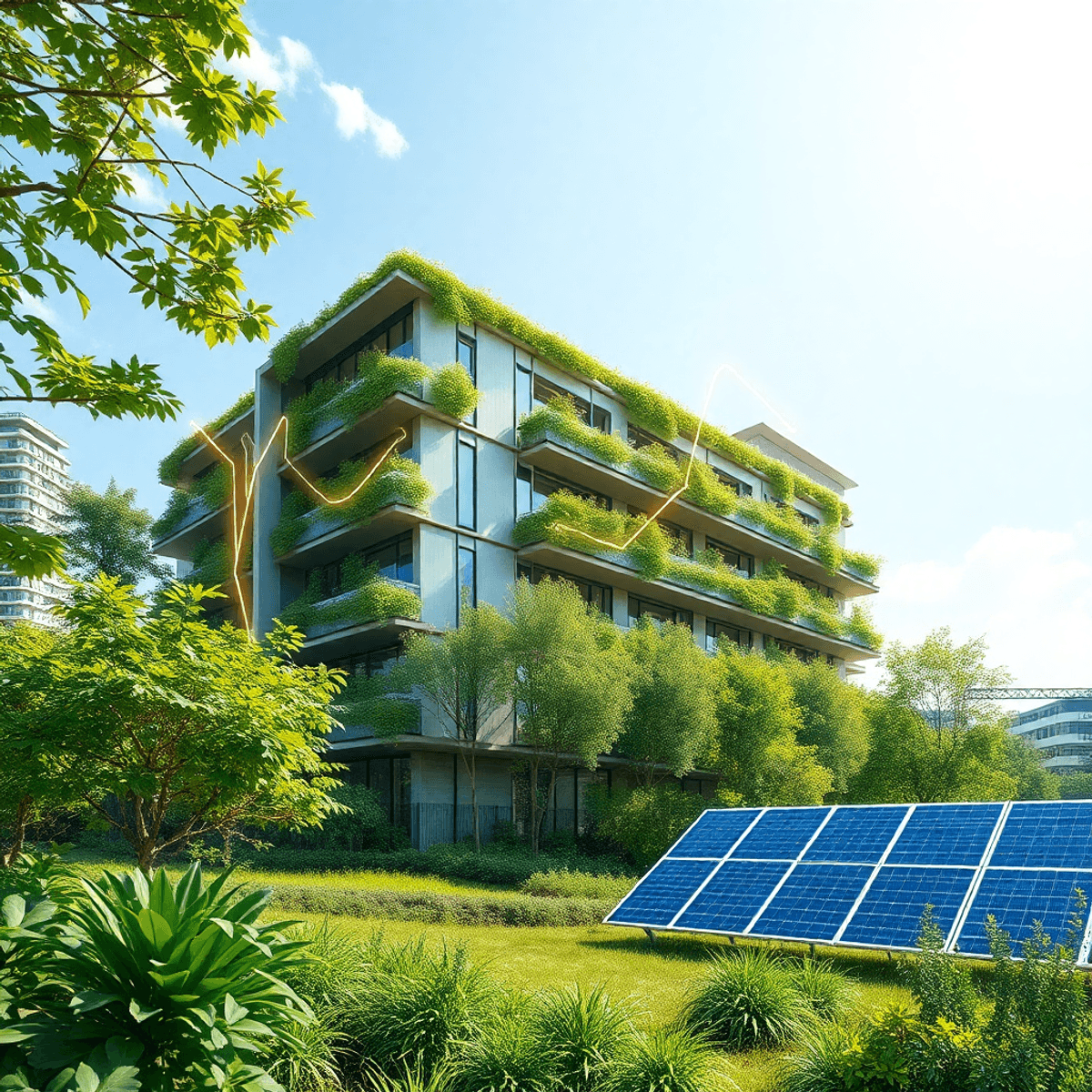 Modern eco-friendly building with solar panels, lush greenery, and glowing abstract lines representing AI integration under a bright sky.