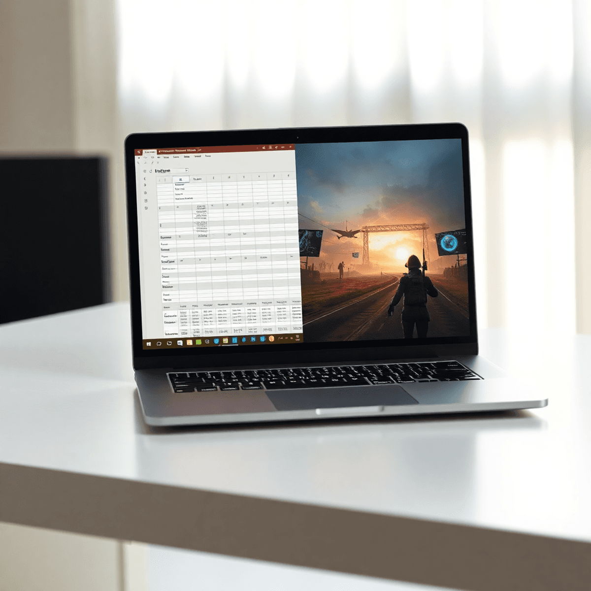 Modern laptop on a minimalist desk with split-screen showing a spreadsheet and a gaming scene, illuminated by soft natural light.