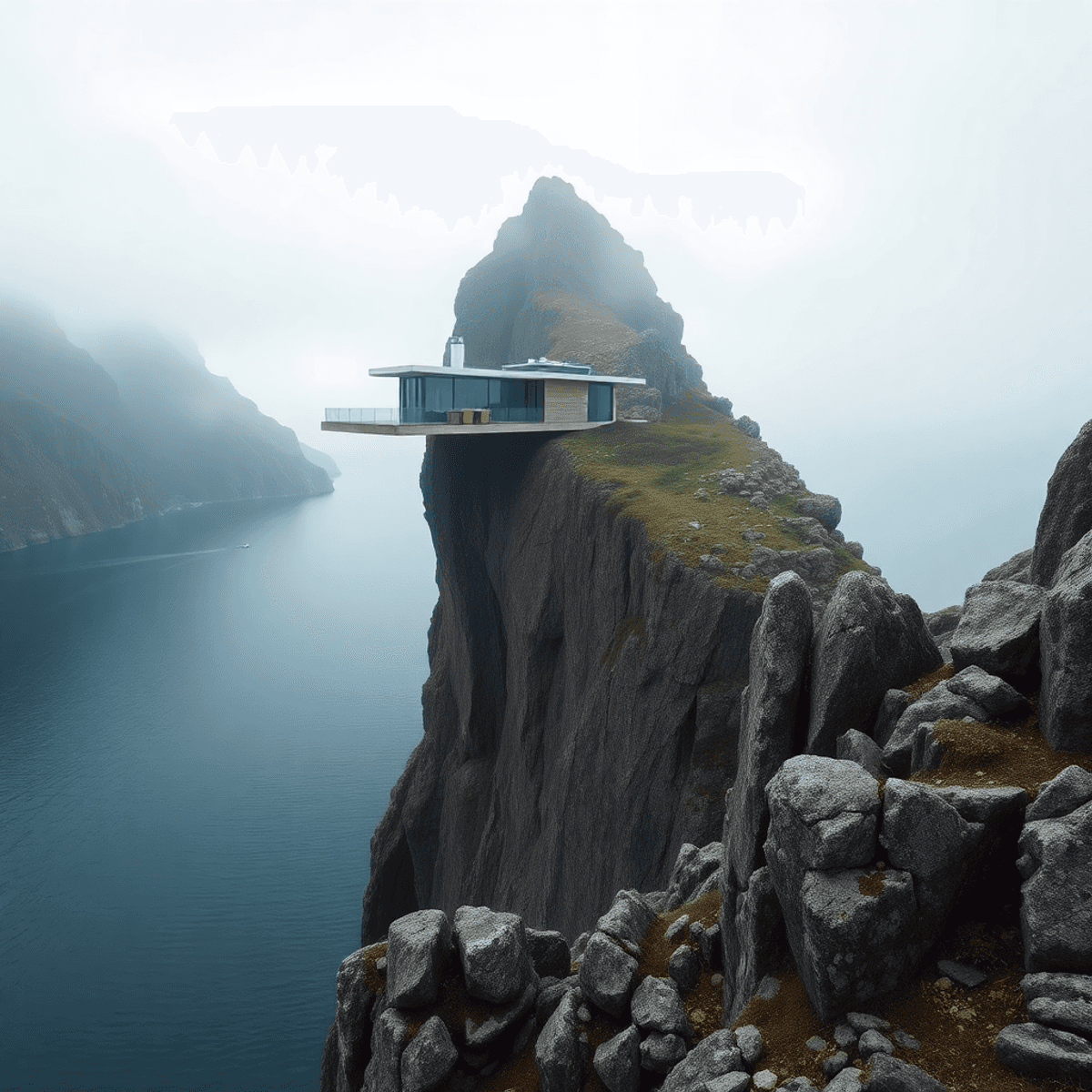 Modern minimalist house cantilevered on a vertical cliff above deep blue fjord waters, surrounded by rugged rocks and misty sky.