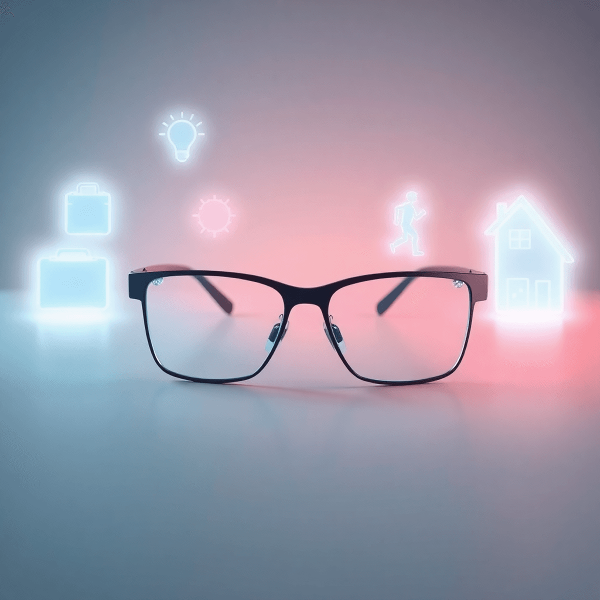 Modern smart glasses with integrated cameras on a clean surface, surrounded by glowing icons of work, fitness, and home against a sleek, futuristic...