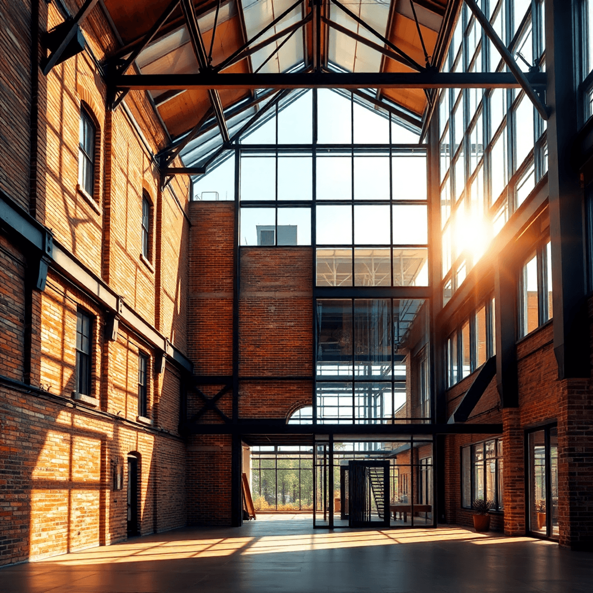 Old industrial building blending exposed brick and vintage beams with sleek glass and modern design, illuminated by warm natural light.