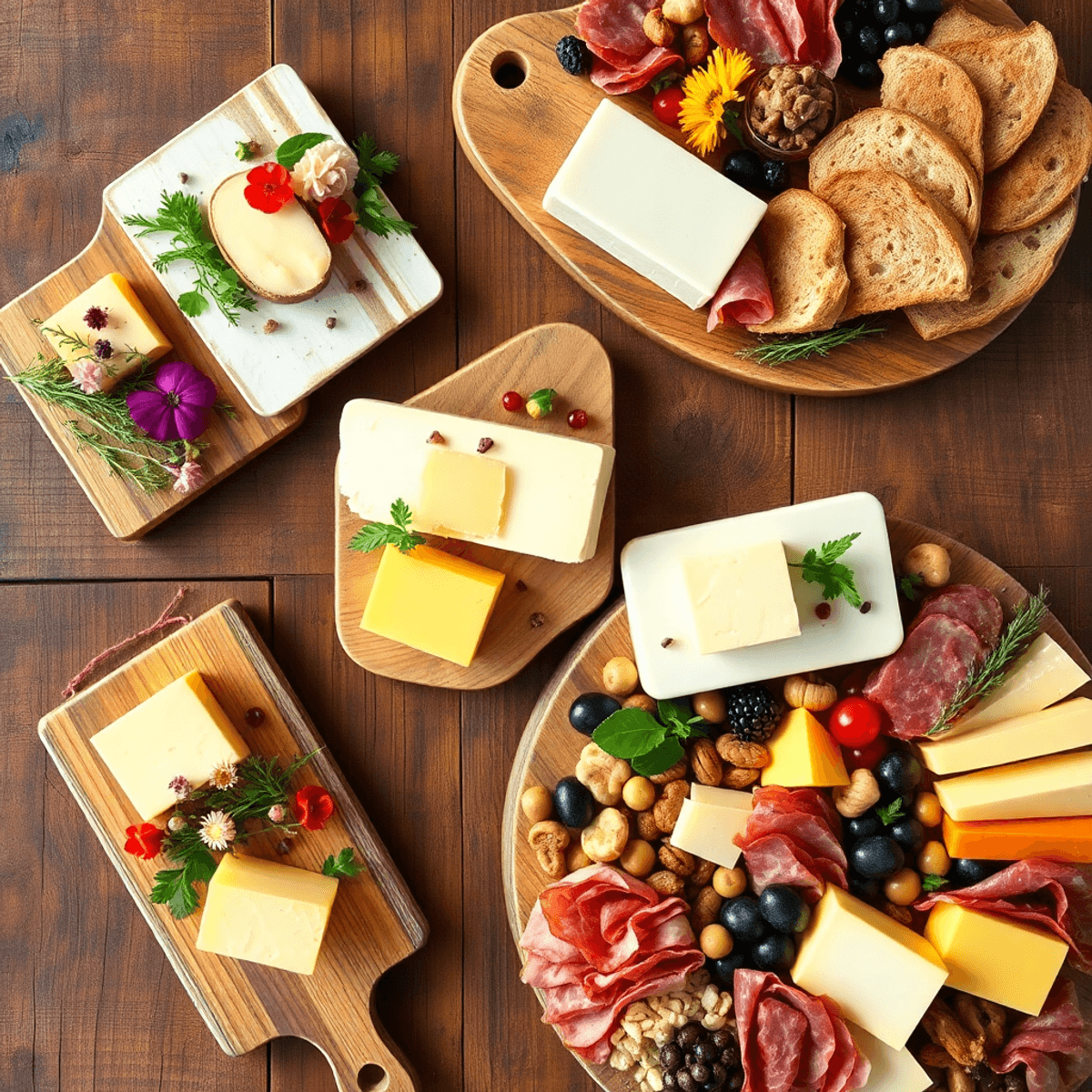 Overhead view of a rustic wooden table with colorful butter boards, herbs, edible flowers, fresh bread, and a charcuterie board of meats, cheeses, ...