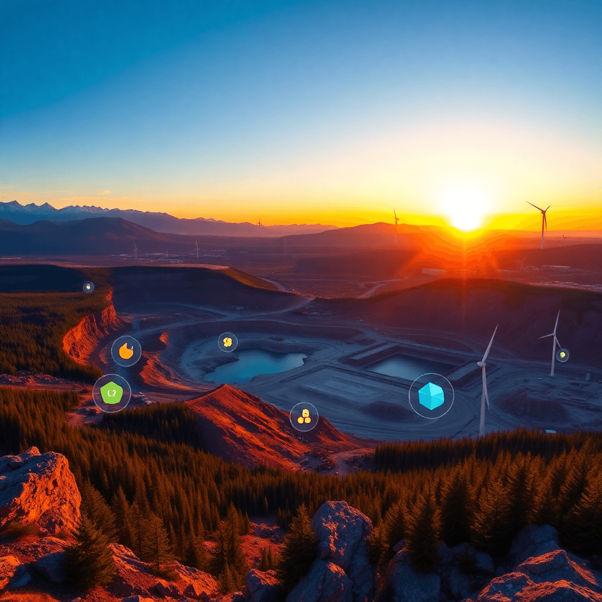 Panoramic sunrise view of a Canadian mining site with open-pit mines, glowing mineral icons, forests, mountains, wind turbines, and solar panels un...