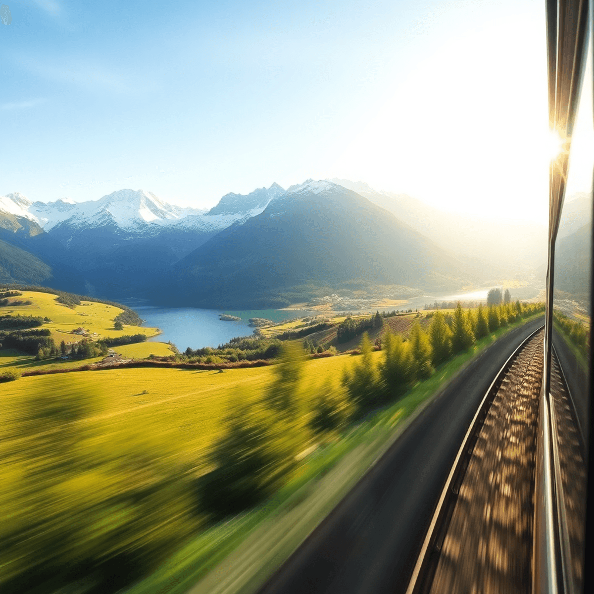 Panoramic view from train window of snow-capped Alps, green valleys, serene lake, and sleek modern train winding through bright, peaceful Swiss lan...