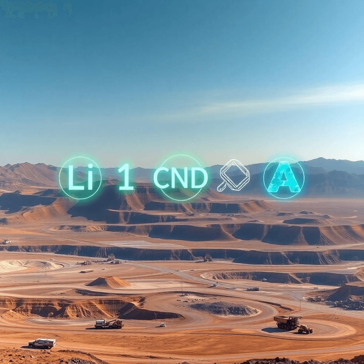 Panoramic view of a large mining site with open pits, heavy machinery, and glowing mineral icons symbolizing lithium, nickel, and rare earth elemen...