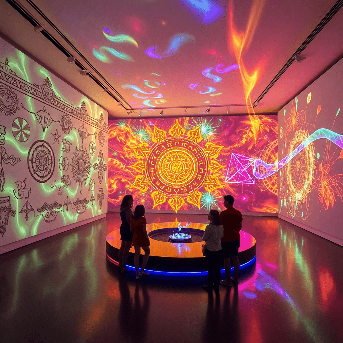 Photo of an art installation combining ancient symbols with glowing digital light trails and holograms in a softly lit, spacious gallery.
