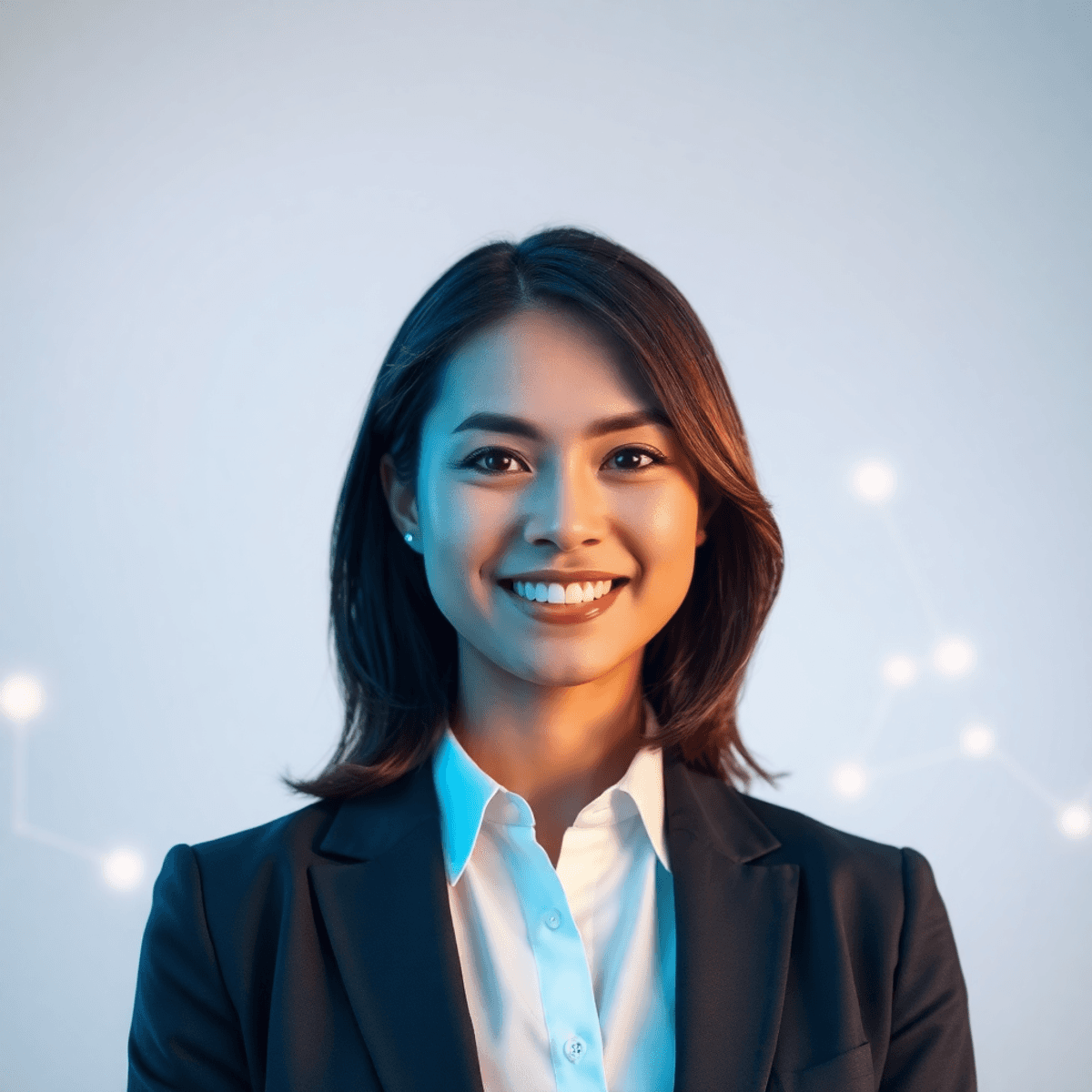 Portrait of a confident person smiling against a modern abstract background with glowing lines and network nodes symbolizing connectivity.