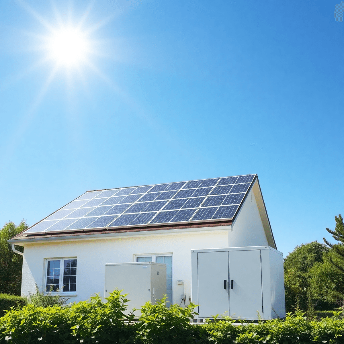 Rooftop with solar panels and a compact battery unit beside a house, under a clear blue sky, surrounded by green plants symbolizing clean energy.