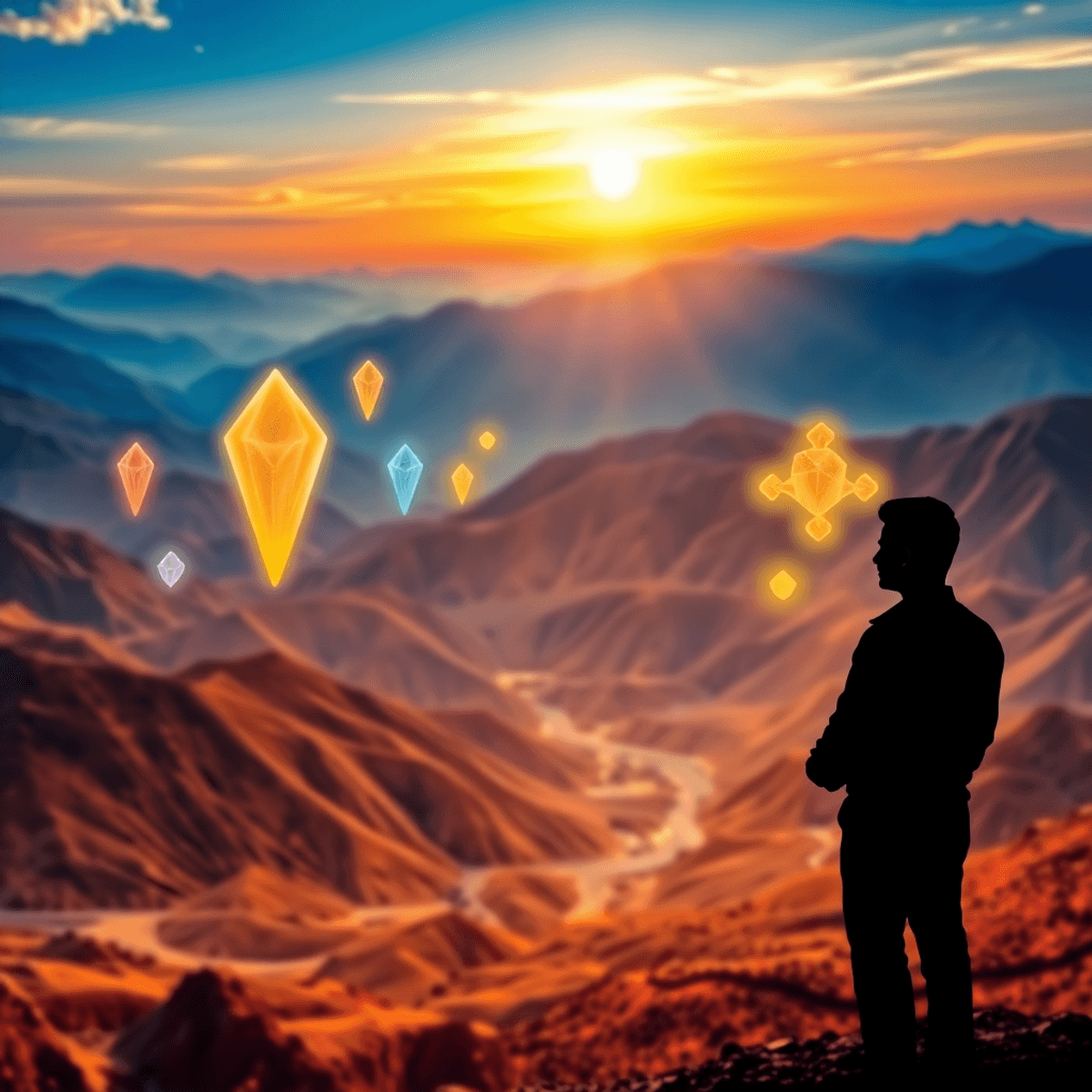 Silhouette of an engineer overlooking mineral-rich mountains and open mines with glowing icons of crystals and metal ores under a bright sky.