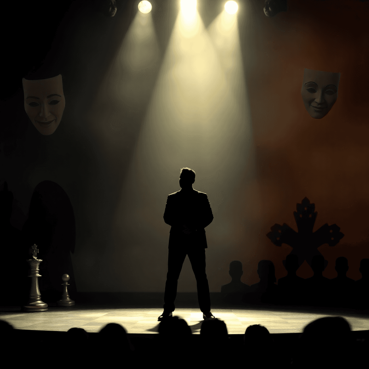 Silhouetted figure in spotlight on stage, surrounded by chess pieces, masks, and shadowy figures, with dark and warm toned background creating a dr...