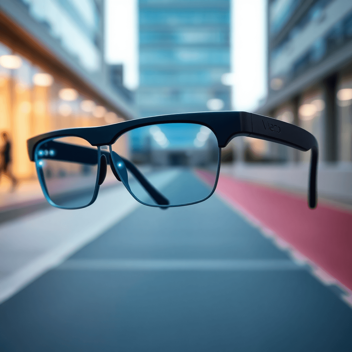 Sleek modern smart glasses with glowing AR elements around lenses, set against a blurred urban and fitness trail background, showcasing advanced we...