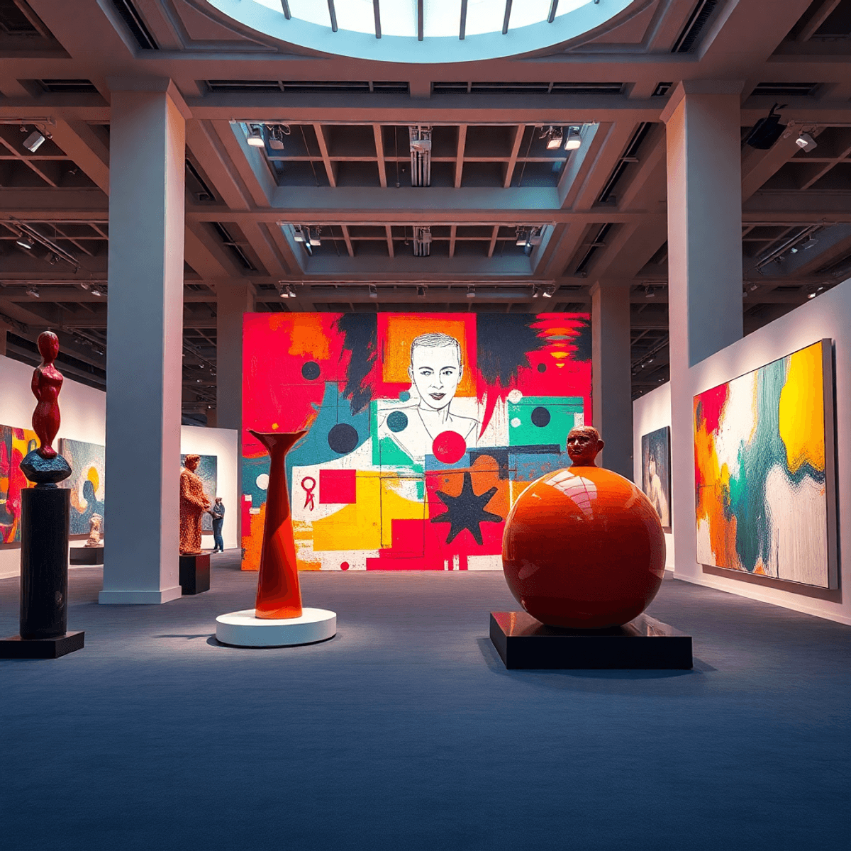 Spacious art gallery with colorful abstract sculptures and large modern paintings under dynamic lighting in an elegant exhibition hall.