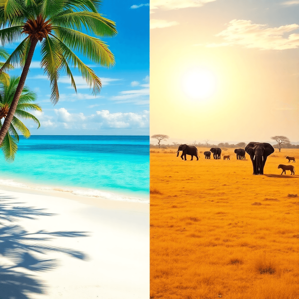 Split-scene image of a tropical beach with palm trees and turquoise waters blending into a golden savannah with elephants and lions under a bright ...